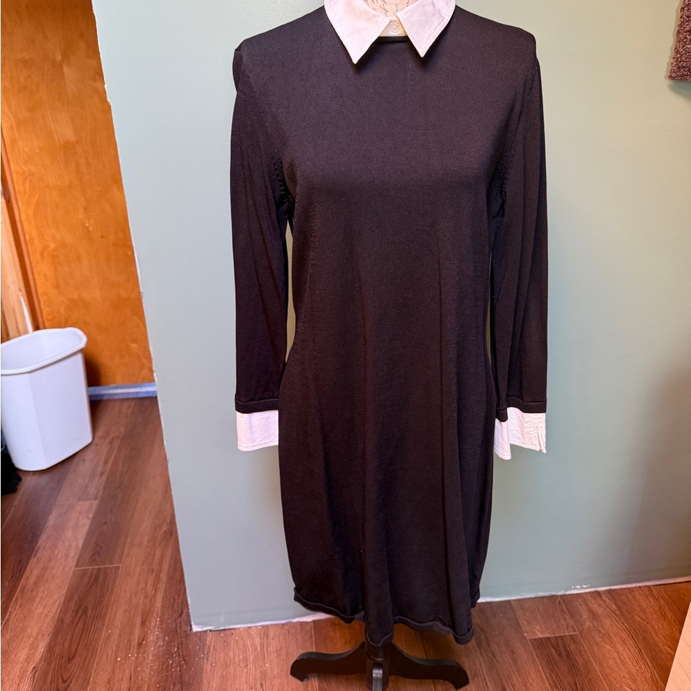 Black Long Sleeve Dress with White Collar and Cuffs